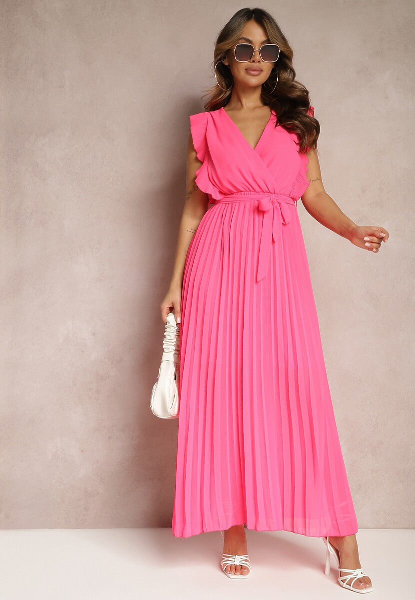 Biała Wiskozowa Sukienka Maxi z Plisowaniem o Rozkloszowanym Kroju i Kopertowym Dekolcie Fliceris