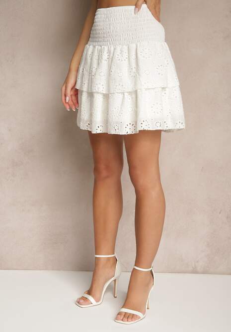Biały Bawełniany Komplet 2-Częściowy Ażurowy Top Typu Hiszpanka Spódnica z Gumką w Talii Mavima