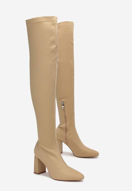 Ciemnobeżowe Dopasowane Kozaki za Kolano na Słupku Grapio