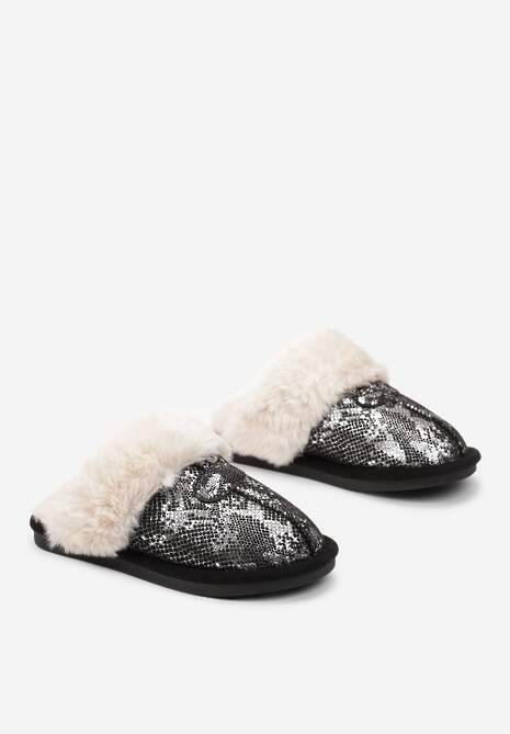 Czarne Połyskujące Kapcie ze Zwierzęcym Motywem i Futerkiem Zephyrella