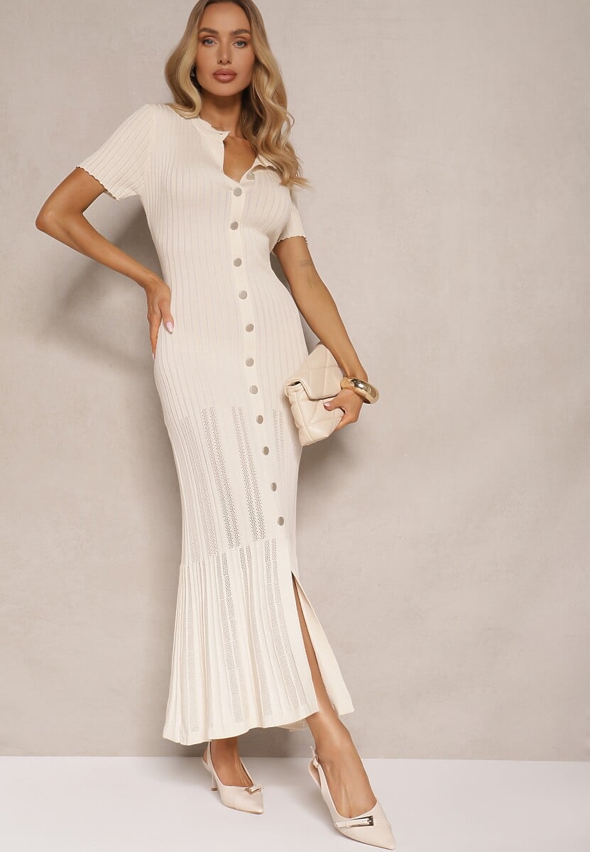 Jasnobeżowa Dopasowana Sukienka z Dzianiny z Wiskozą Zdobiona Guzikami i Falbaną Aluona