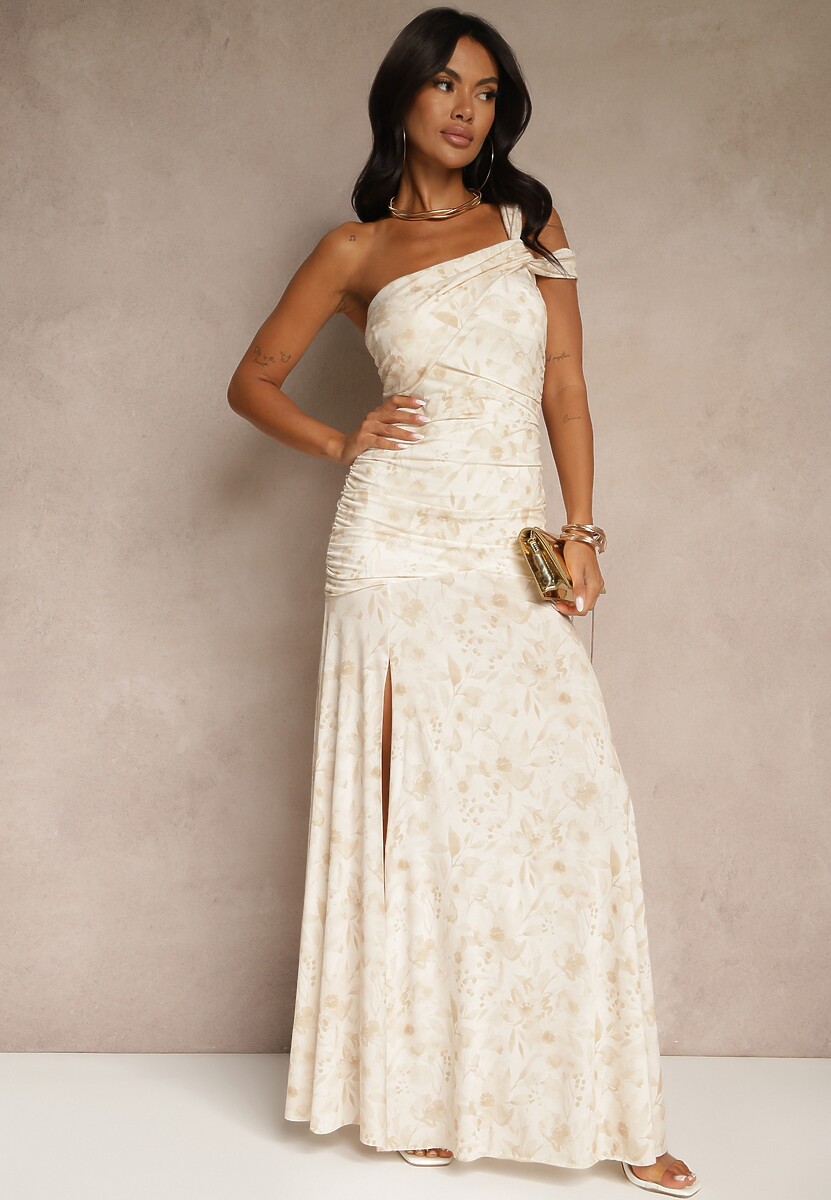 Beżowa Koktajlowa Sukienka o Asymetrycznym Kroju w Kwiaty Melaniela