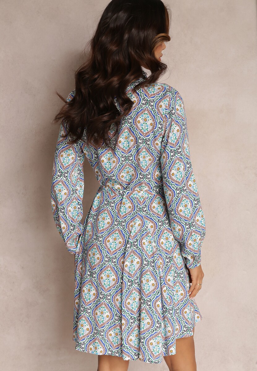 Niebiesko-Biała Wiskozowa Sukienka z Wiązanym Paskiem Didimes