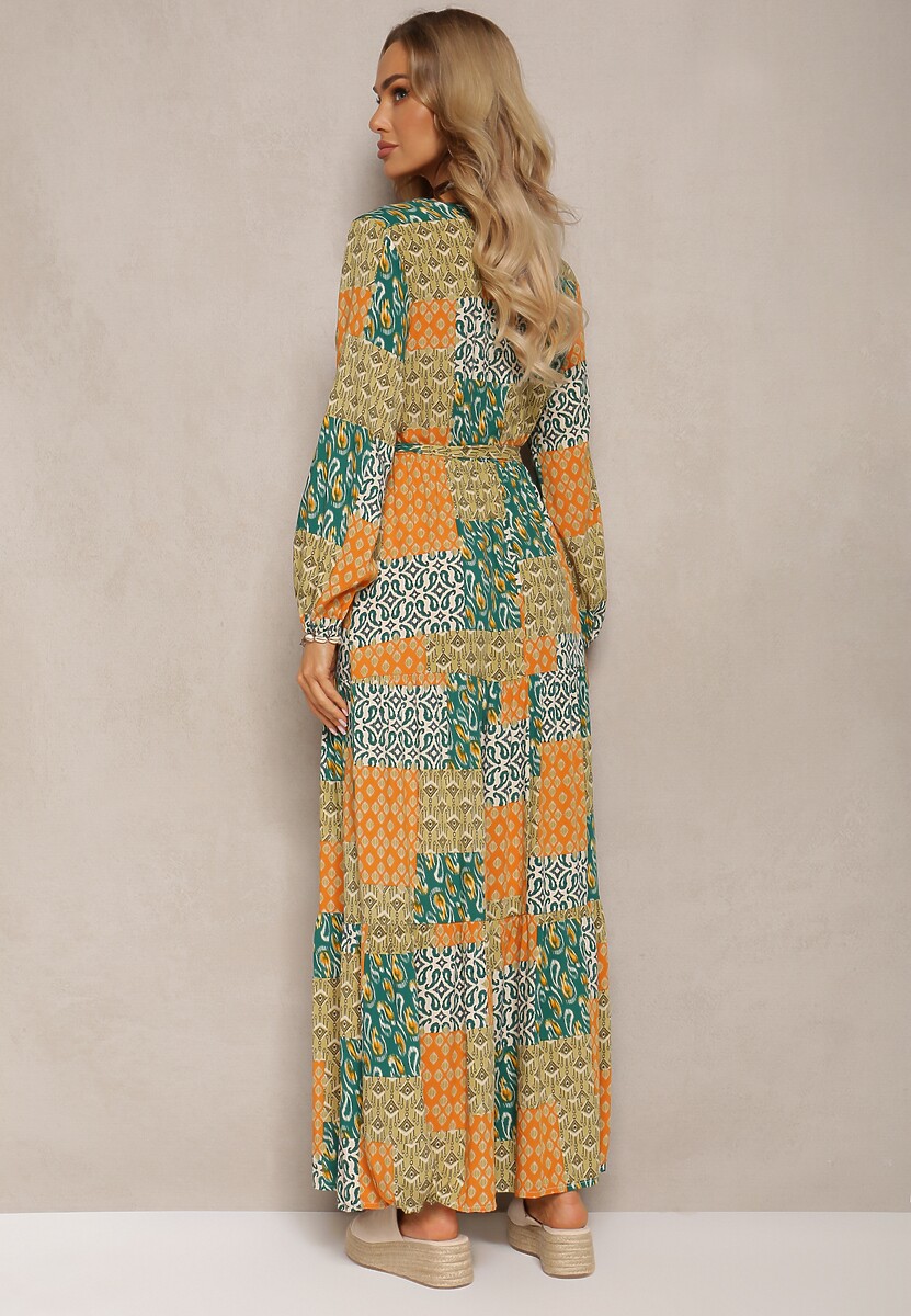 Zielono-Żółta Sukienka z Wiskozy z Gumką w Pasie i Materiałowym Paskiem z Trójkątnym Dekoltem Nelarae