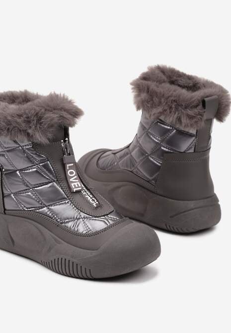 Szare Śniegowce Vices na Platformie z Pikowaną Cholewką i Futerkiem Gemitana