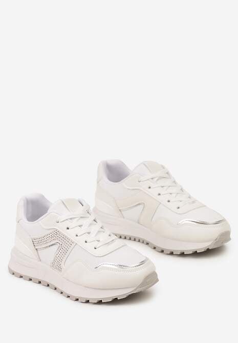 Białe Sneakersy z Cholewką przed Kostkę z Aplikacją z Cyrkonii Velvettes