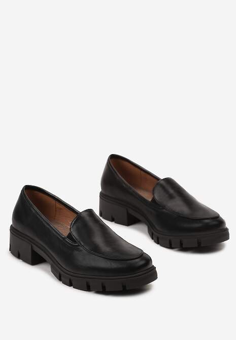 Czarne Mokasyny ze Skórzaną Wkładką i Grubą Ozdobną Podeszwą Viole