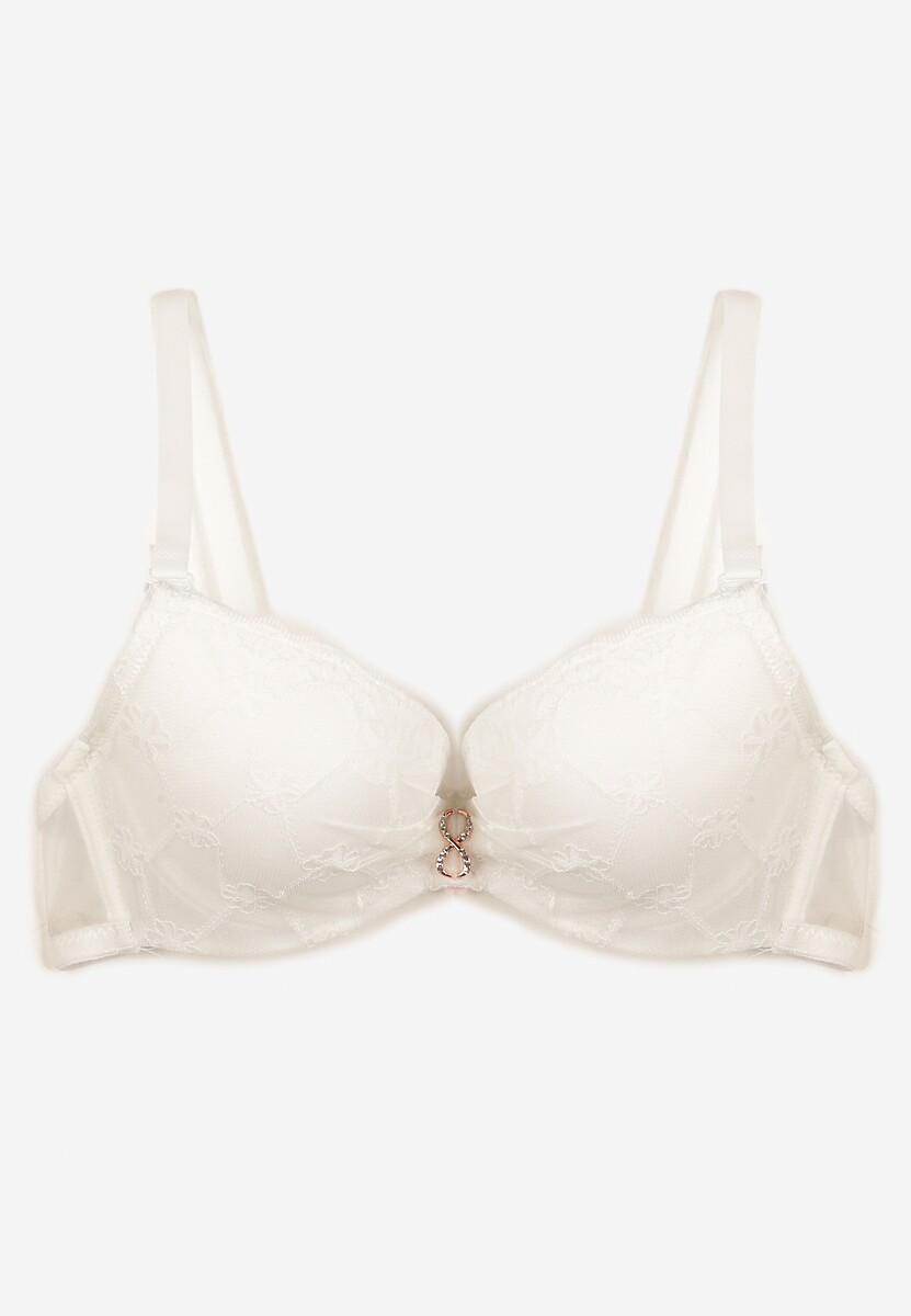 Jasnobeżowy Biustonosz Push Up z Koronką i Metaliczną Ozdobą Norirae