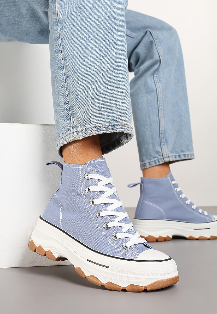 Niebieskie Trampki na Platformie z Tłoczeniem i Wysoką za Kostkę Polnelis