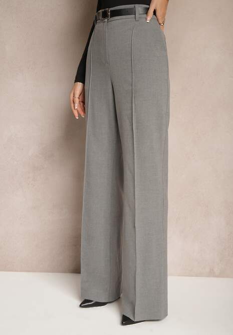 Jasnoszare Spodnie Garniturowe z Wiskozą High Waist o Szerokim Kroju Ceanita
