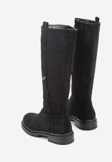 Czarne Kozaki Oficerki z Imitacji Zamszu z Aplikacją w Eleganckim Stylu Salenatta