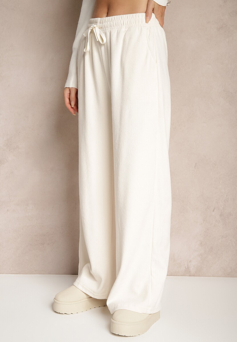 Białe Spodnie o Szerokim Kroju High Waist z Wiązaniem w Pasie Ettianne