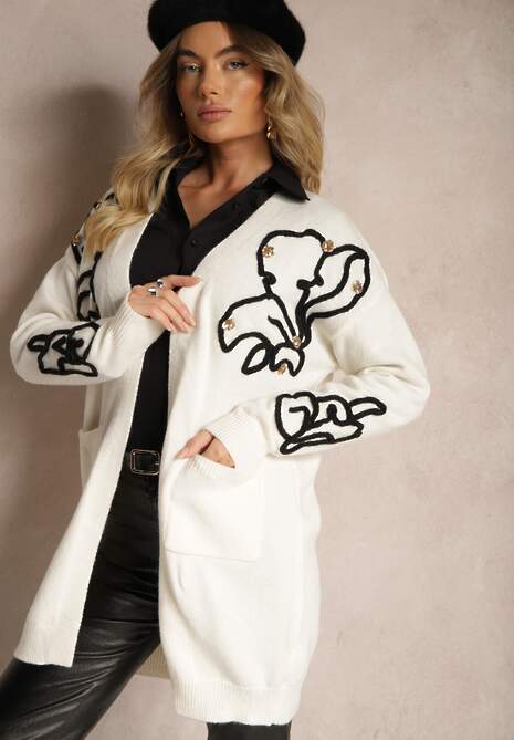 Jasnobeżowy Kardigan Nierozpinany z Kieszeniami i Cekinami Firizelle