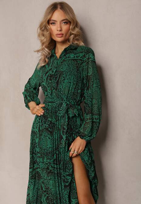 Ciemnozielona Sukienka Rozkloszowana z Wiązanym Paskiem Blerore
