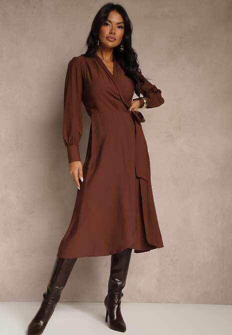 Brązowa Sukienka z Wiskozą o Kopertowym Kroju z Wiązaniem w Talii Zenivessa