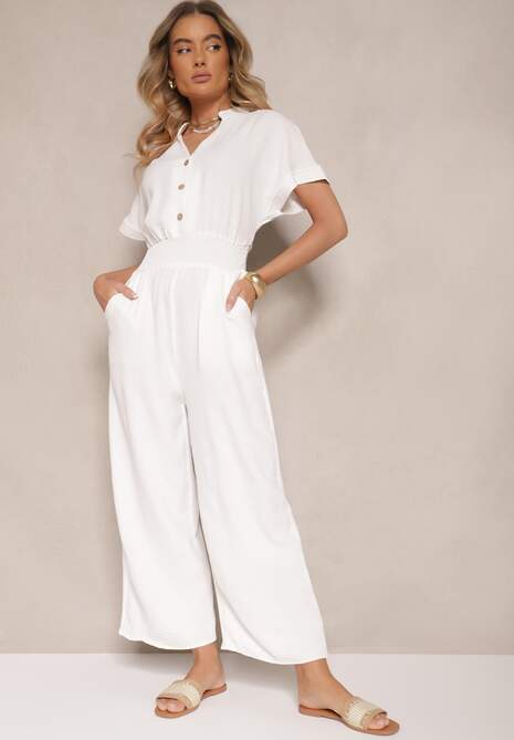 Biały Wiskozowy Kombinezon z Dekoltem w Serek Zapinany na Guziki Anisora