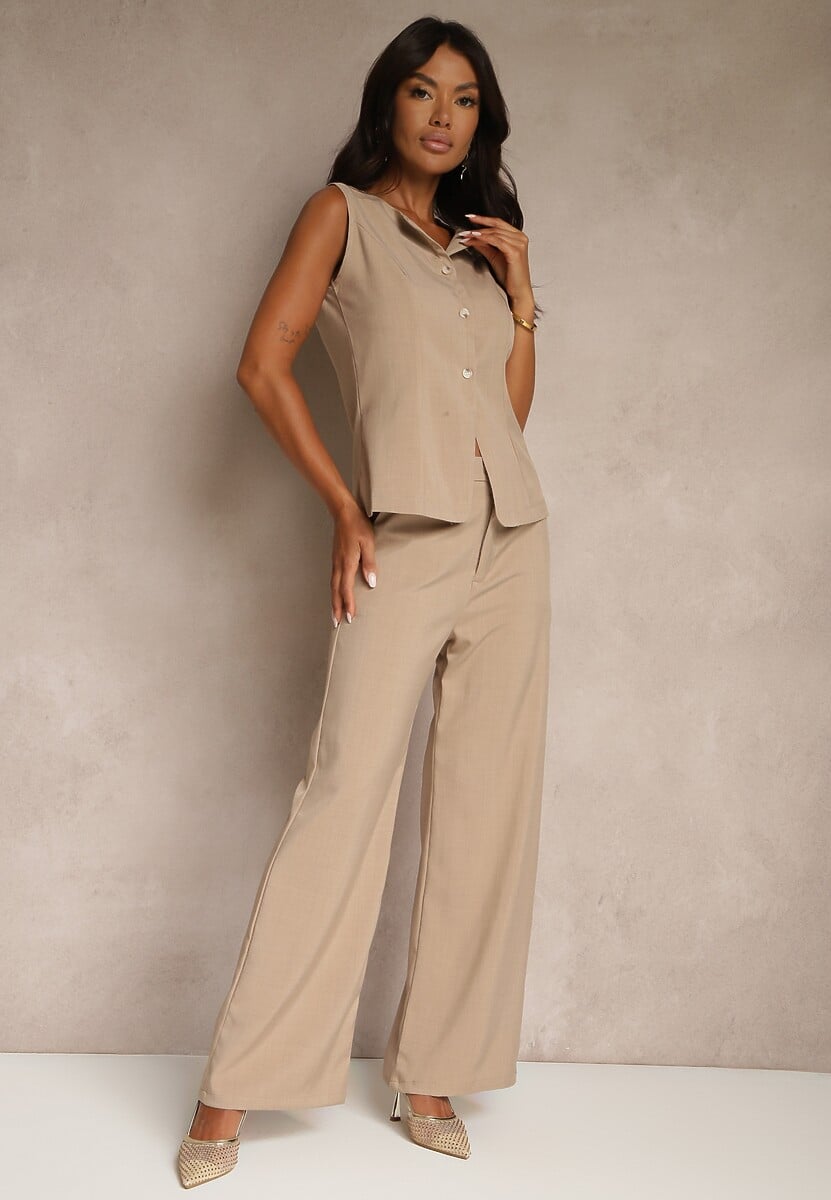 Ciemnobeżowy Komplet o Garniturowym Kroju Spodnie Wide Leg i Taliowana Kamizelka Nalinise