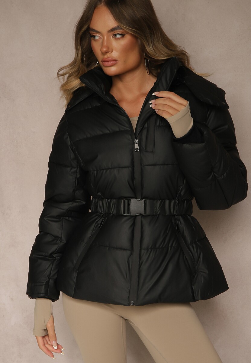 Czarna Kurtka Zimowa Y2K z Pikowaniem i Paskiem ze Sprzączką Cerrive