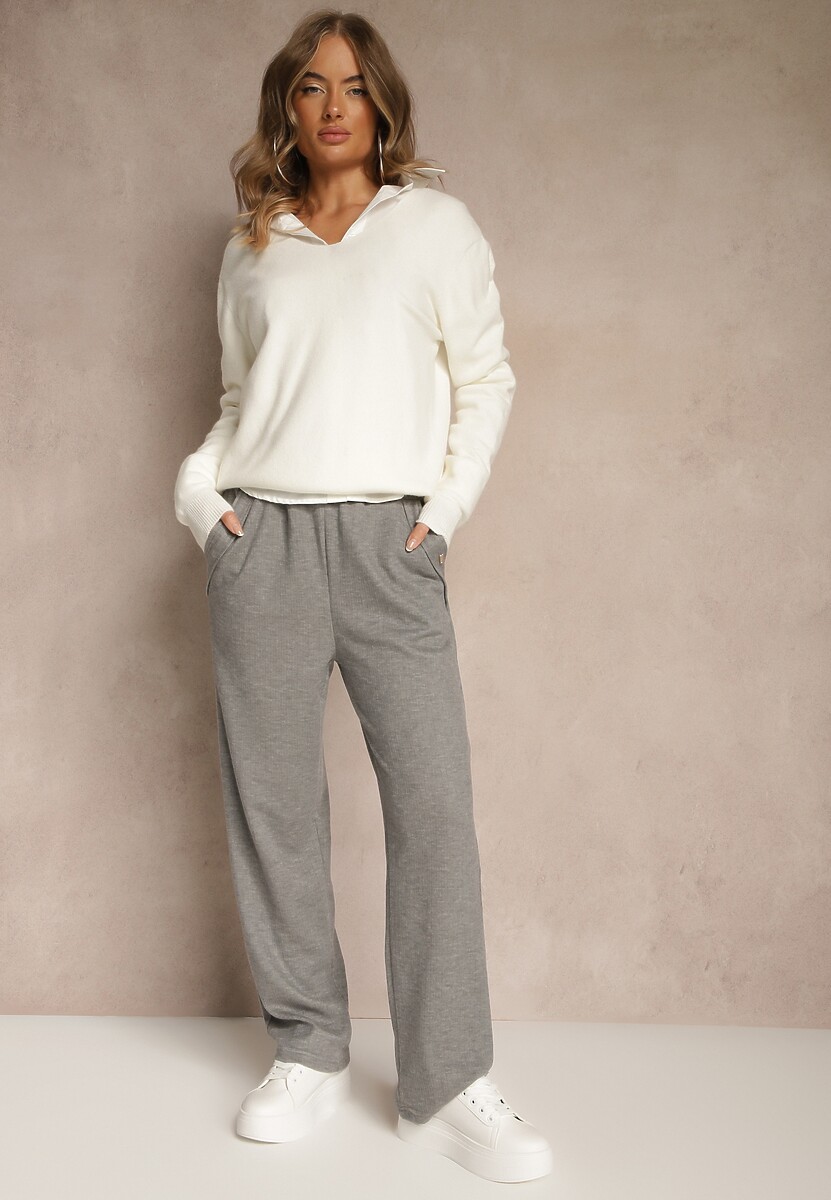 Jasnoszare Spodnie High Waist z Gumką i Troczkami w Pasie Rallena