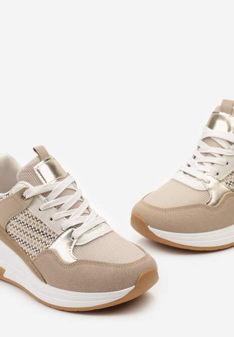 Ciemnobeżowe Sneakersy z Niskim Koturnem i Ozdobnymi Wstawkami Ysabeltia