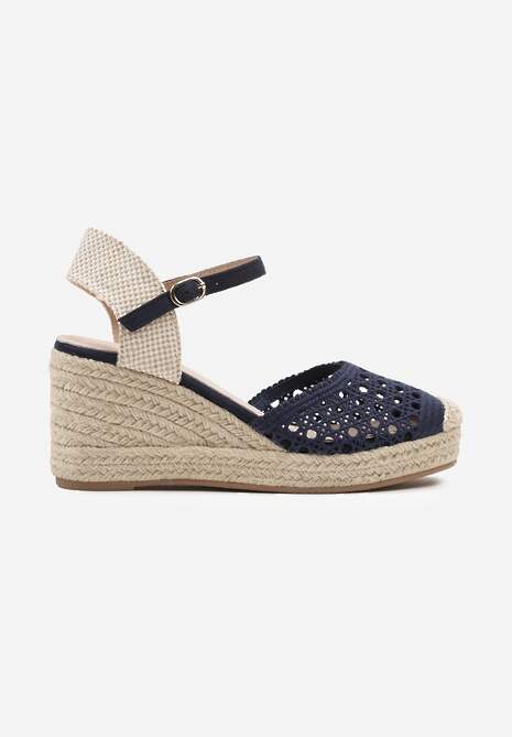 Niebieskie Ażurowe Sandały Espadryle na Plecionym Koturnie ze Skórzaną Wkładką Terreina