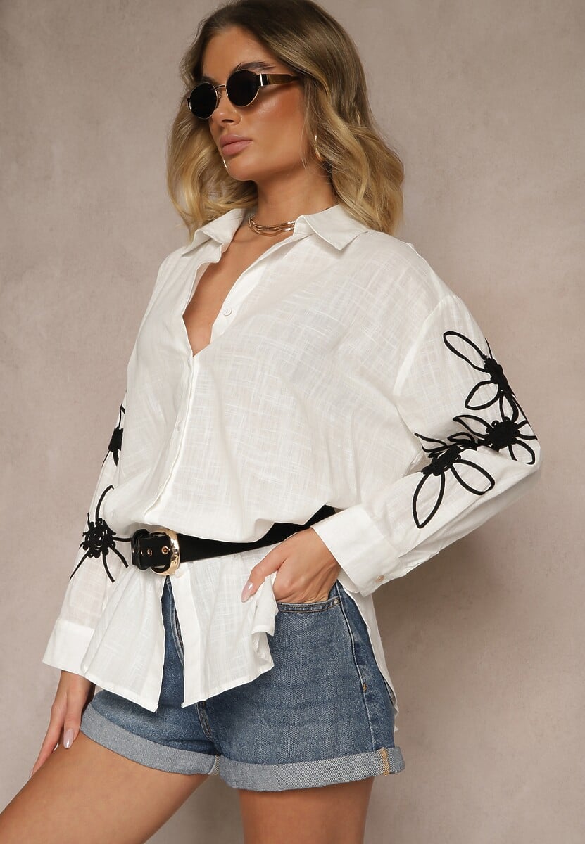 Biała Koszula z Bawełny o Kroju Oversize z Kwiatowymi Aplikacjami Fadelya