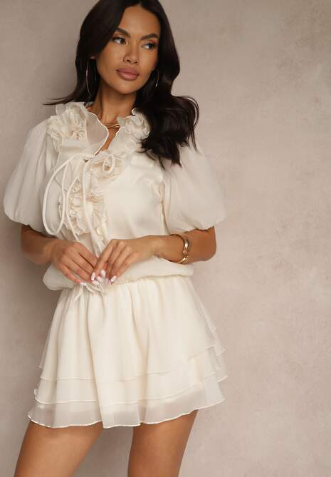 Beżowa Sukienka Ozdobiona Wiązaniem i Falbanami Tilionala