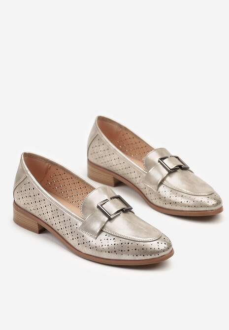 Złote Mokasyny ze Skórzaną Wkładką i Aplikacją Meratheia