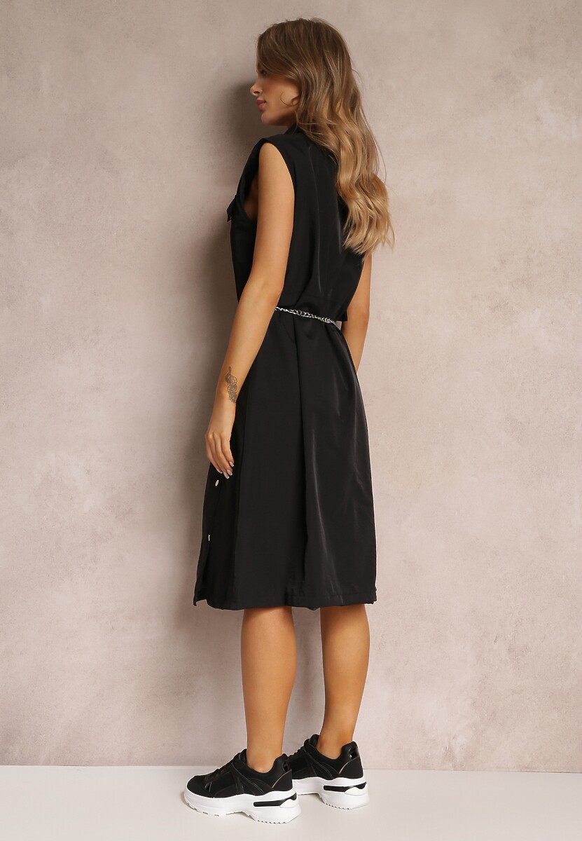 Czarna Sukienka za Kolano z Ozdobnym Paskiem Adarene