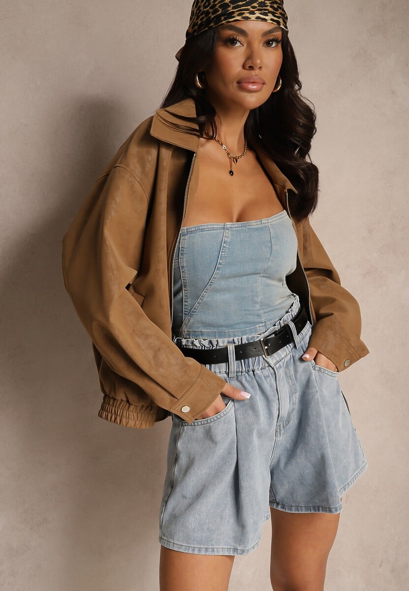 Jasnoniebieskie Szorty Jeansowe z Gumką w Talii i Paskiem Zdobione Przeszyciami Alanissa