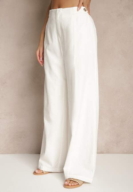 Białe Spodnie z Bawełną i Wiskozą o Szerokim Kroju z Imitacją Kieszeni Divlene