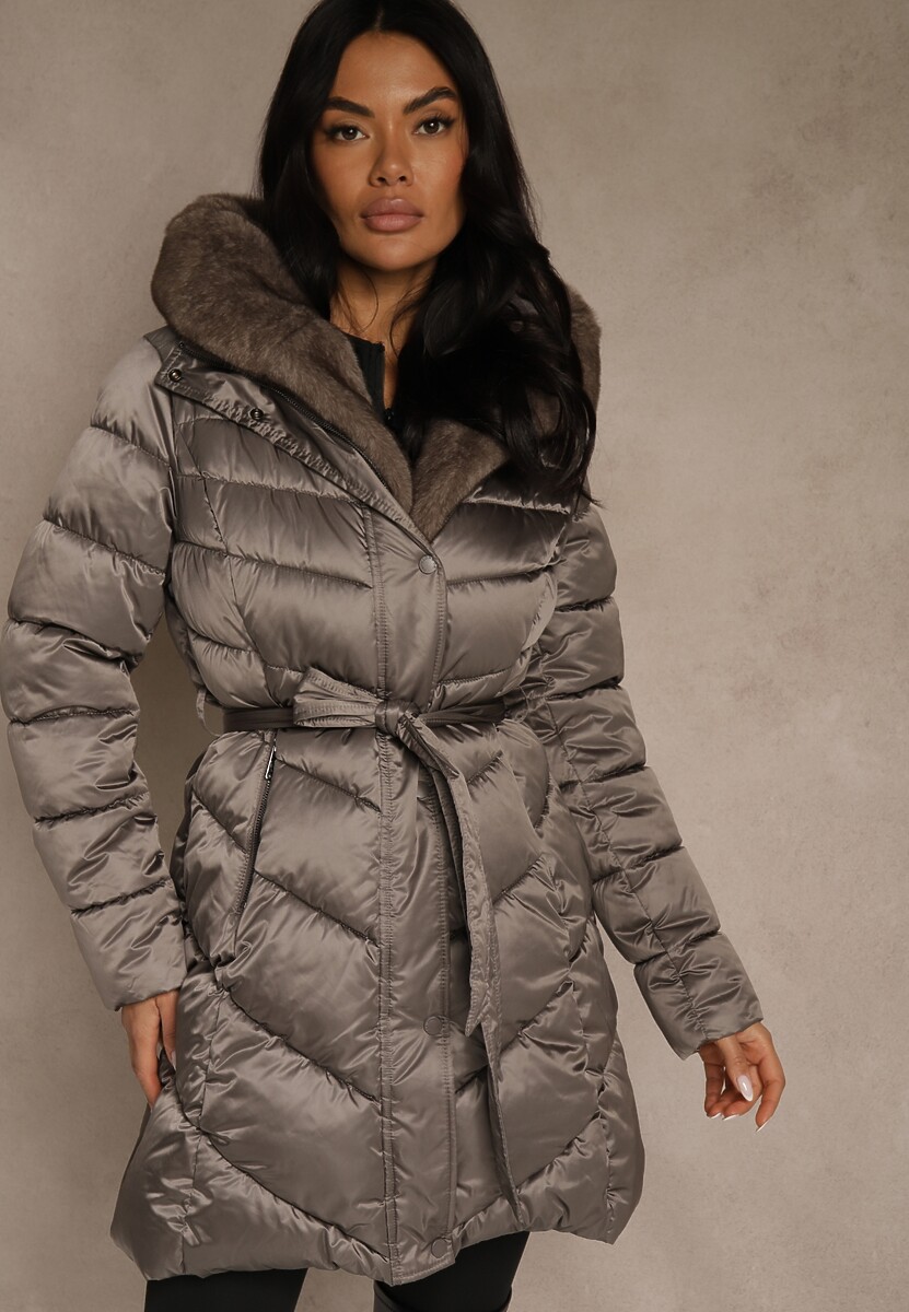 Szara Kurtka z Pikowanym Przeszyciami Wiązanym Paskiem i Kapturem z Futrem Fenida