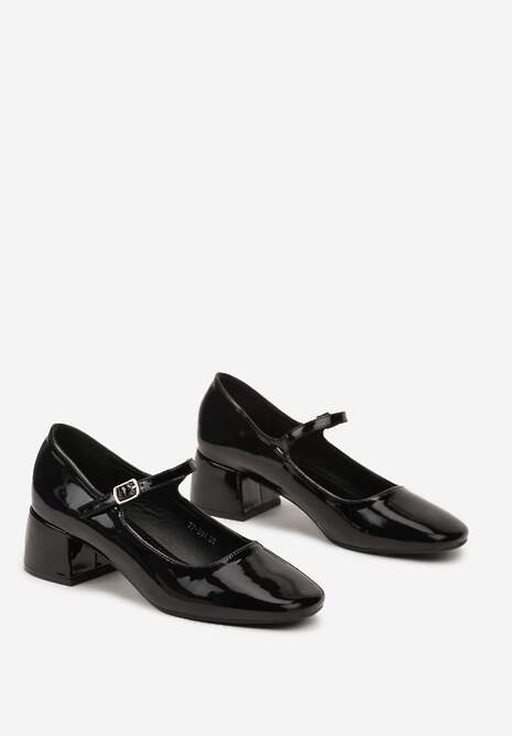 Czarne Lakierowane Czółenka na Niskim Słupku w Stylu Mary Jane Eriola