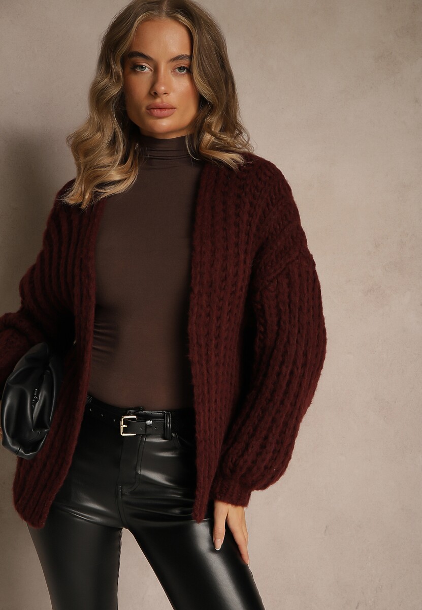 Brązowy Oversizowy Kardigan Bez Zapięć z Dodatkiem Wełny i Wiskozy Titanesa