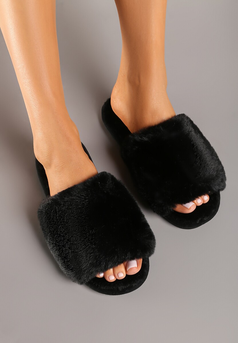 Czarne Kapcie Futrzane Vices z Szerokim Paskiem Selaenor