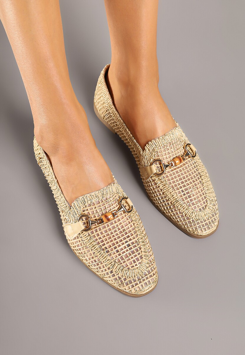 Beżowe Ażurowe Mokasyny Loafersy z Klamrą Koliswena