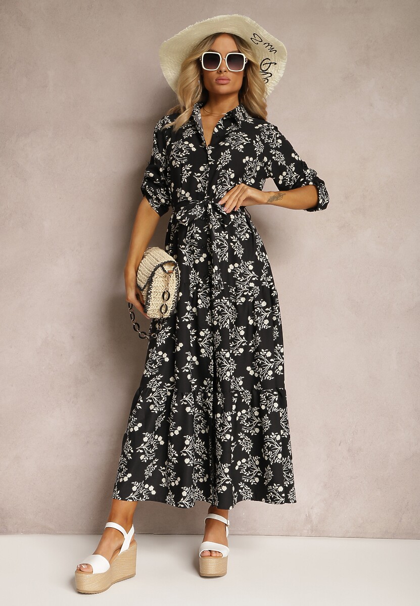 Czarna Sukienka Zapinana na Guziki z Materiałowym Paskiem i Podpinanymi Rękawami Biavenna