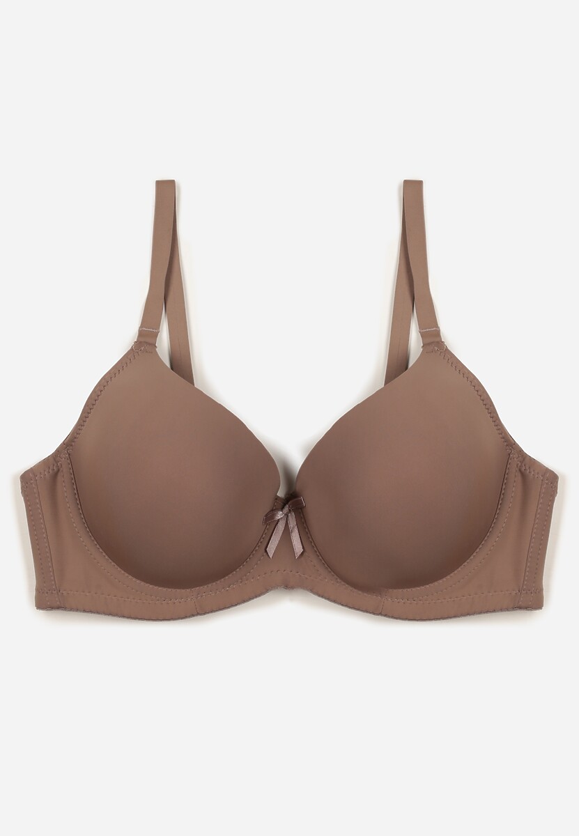 Beżowy Gładki Biustonosz o Klasycznym Fasonie Zdobiony Kokardką Caloris