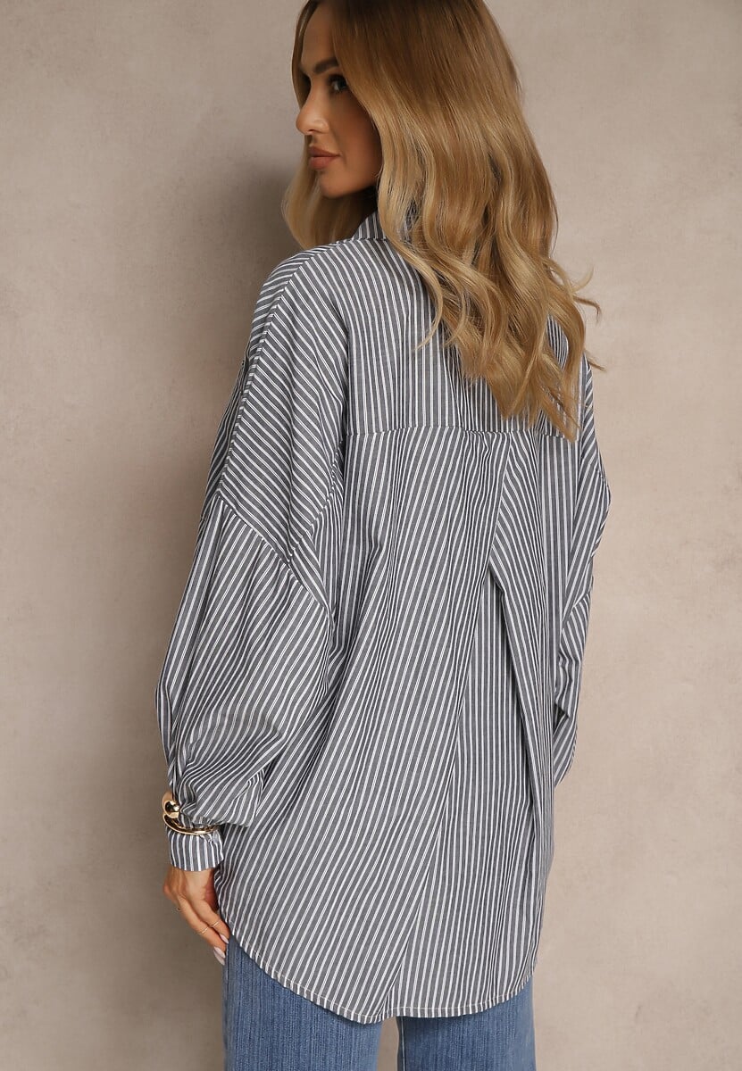 Ciemnoszara Koszula z Bawełny o Kroju Oversize w Prążki ze Ściągaczem w Pasie Neoritia