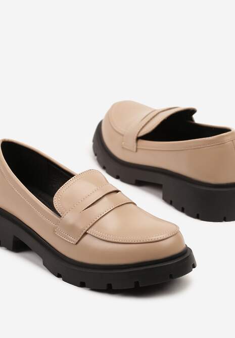 Ciemnobeżowe Mokasyny z Ekoskóry na Płaskiej Podeszwie Nasabel