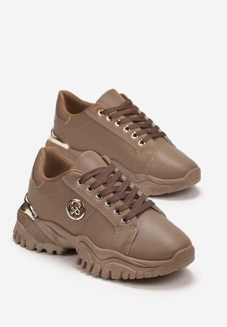 Ciemnobeżowe Sneakersy przed Kostkę z Metalicznym Zdobieniem na Grubej Podeszwie Umsine