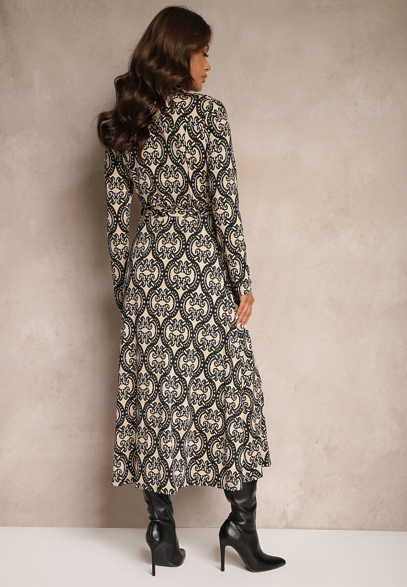 Czarno-Beżowa Wzorzysta Sukienka z Wiskozą o Koszulowym Kroju Ozdobiona Wiązanym Paskiem Evelitha