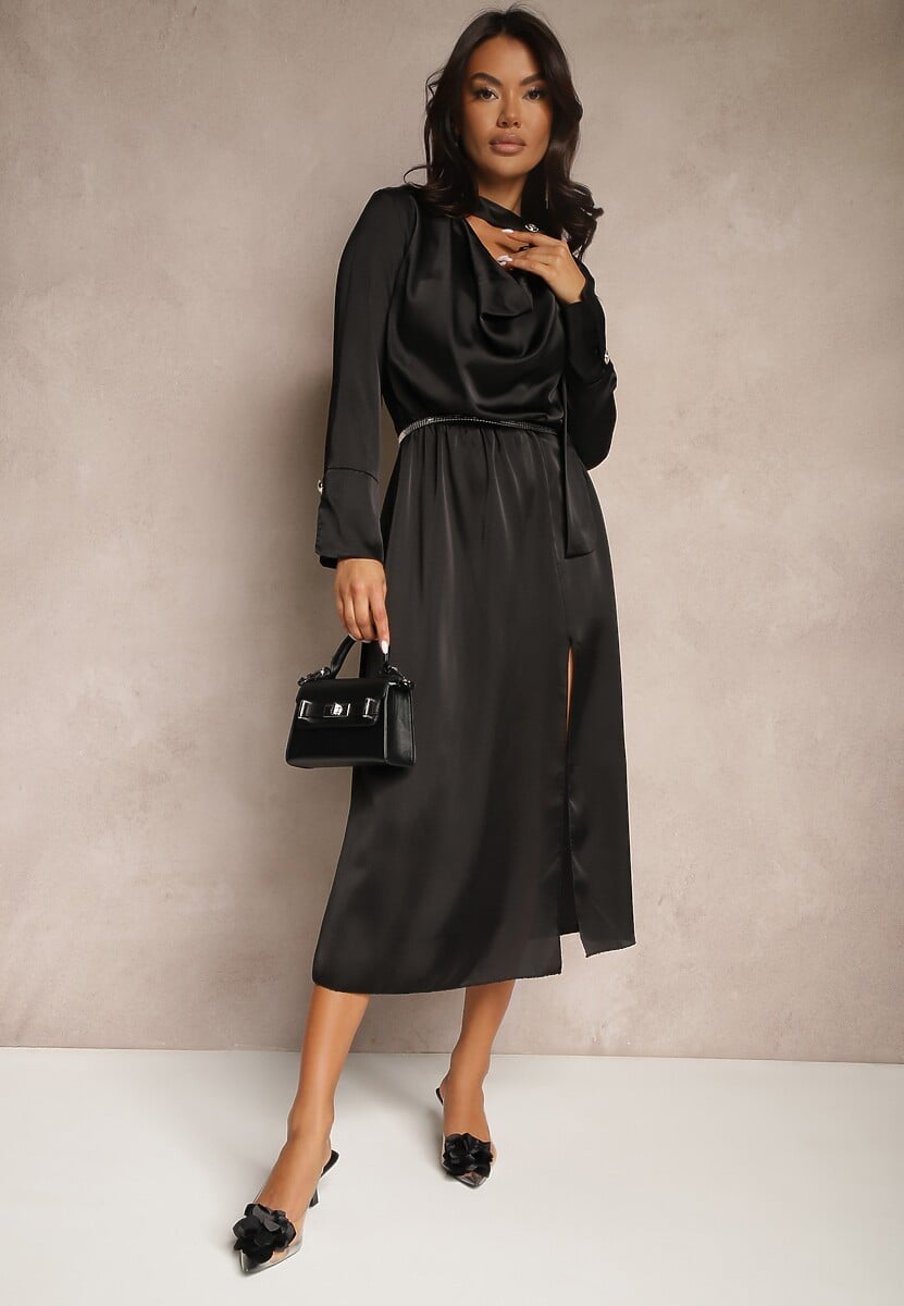 Czarna Koktajlowa Sukienka z Satyny z Ozdobnym Guzikiem Leaneris