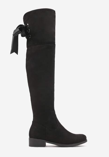 Czarne Dopasowane Kozaki Typu Muszkieterki z Ekozamszu z Długą Cholewką i Wiązanym Detalem Hanione