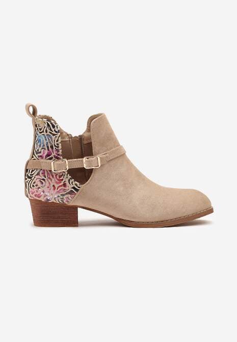 Beżowe Botki Vices na Słupku Ozdobione Kwiatami Selianor