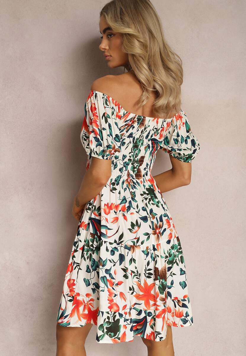 Jasnobeżowa Rozkloszowana Sukienka Mini z Wiskozy w Kwiaty z Falbanką Malinai