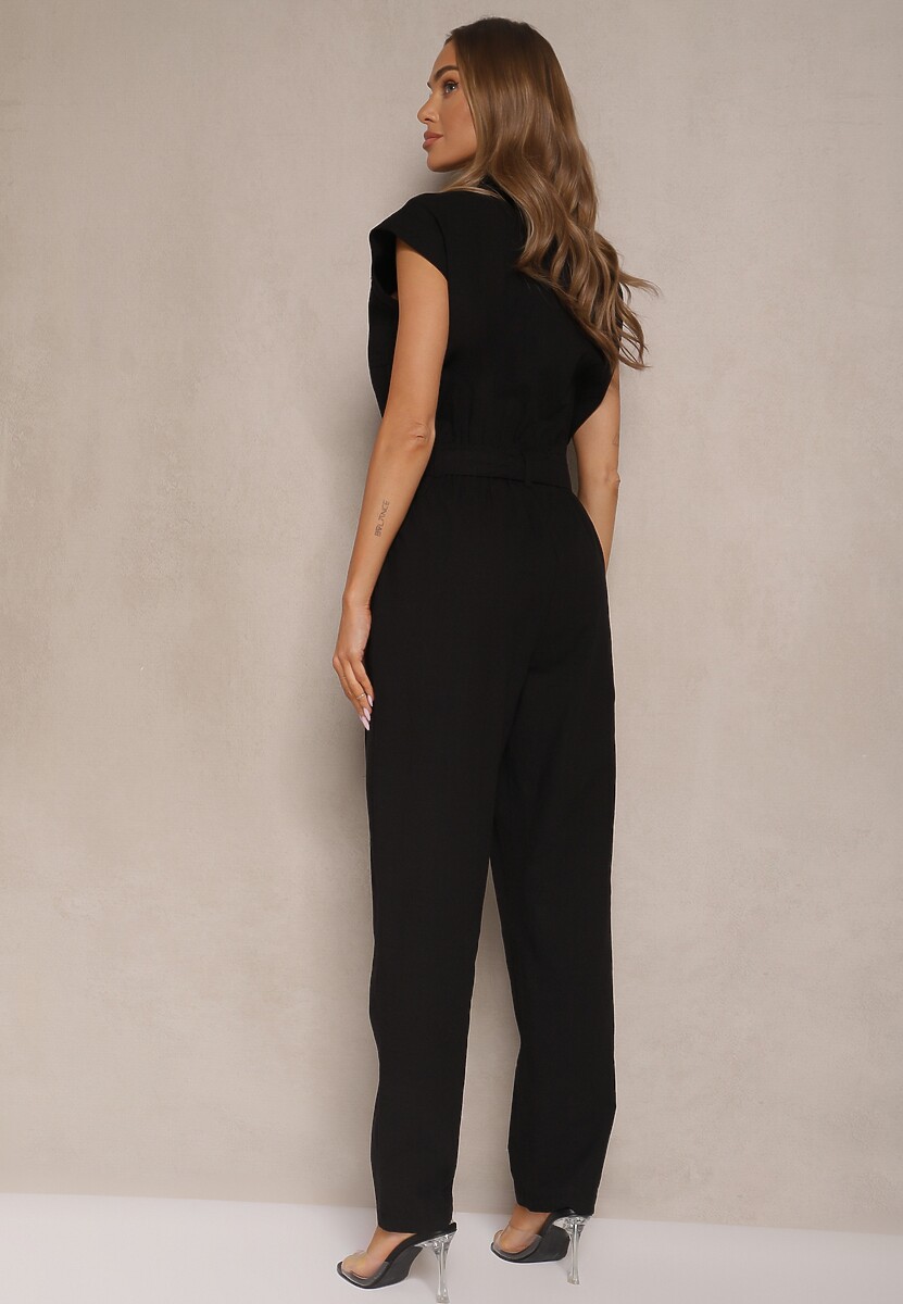 Czarny Koszulowy Kombinezon z Wiskozą Zdobiony Napami i Wiązanym Paskiem Sepirise