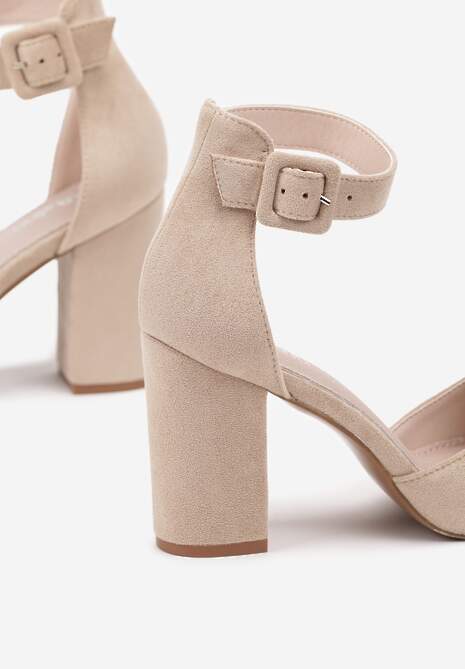Beżowe Czółenka na Obcasie Typu Słupek ze Skórzaną Wkładką i Paseczkiem Wokół Kostki Belandria