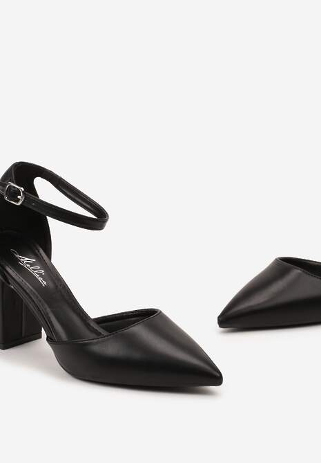 Czarne Czółenka na Wysokim Słupku Zapinane Przy Kostce ze Szpiczastym Noskiem Ardora