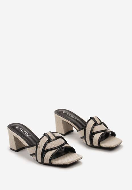 Beżowo-Czarne Klapki na Powlekanym Słupku ze Splątanym Paskiem Aheloria